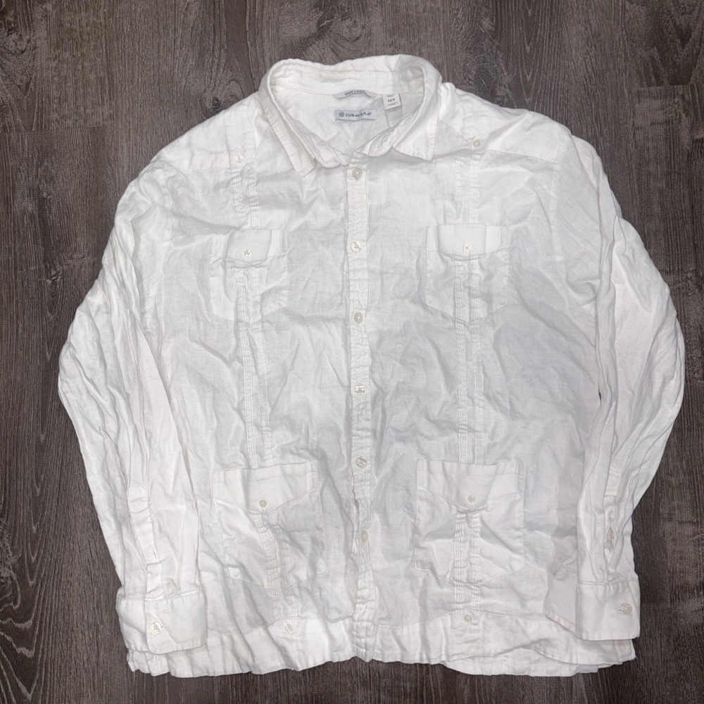 Cubavera Mens XXL 100% Linen White Guayabera Shirt  4 Pocket Long Sleeve Resort